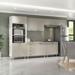 Cozinha Completa 6 Peças 100% Mdf Bp 2 Balcões 3 Aereos e Torre Quente Maranello Branco/Panna
