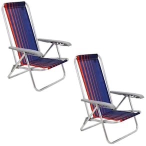 Kit 02 Cadeiras de Praia Reclinável Tramontina Bali Baixa Alumínio Assento Azul e Laranja 92900100