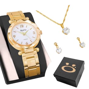 Relógio Feminino Aço Banhado + Brinco + Colar Strass + Caixa Delicado Ajustável Ponteiro Inoxidável