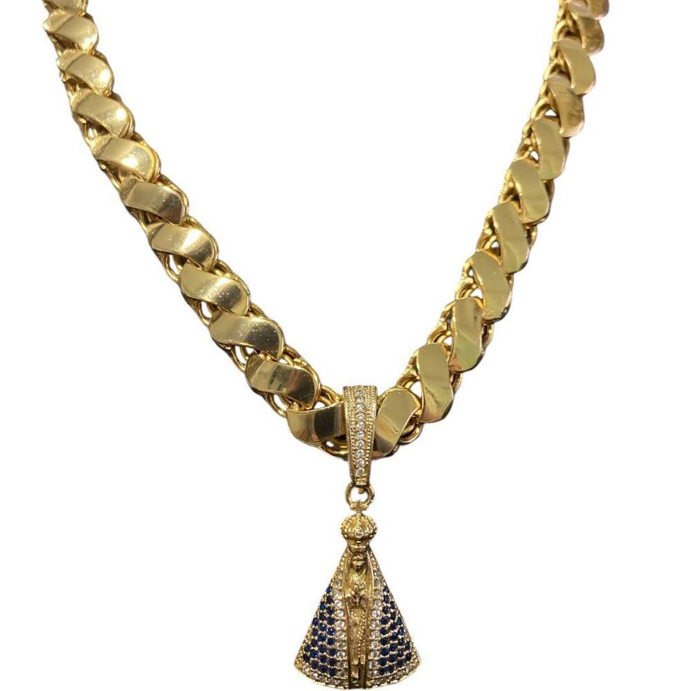 Cordão Friso S 13Mm + Pingente Nossa Senhora Banhado A Ouro