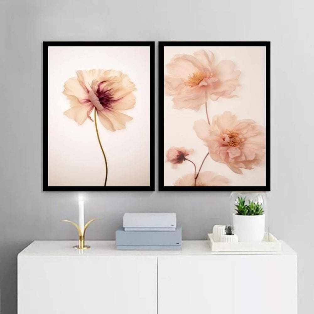 Kit 2 Quadros Flores Tons Pêssego 45X34Cm - Com Vidro