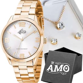 Colar + Relogio Feminino Aço Dourado + Pulseira + Caixa Strass Edição Limitada Social Inoxidavel