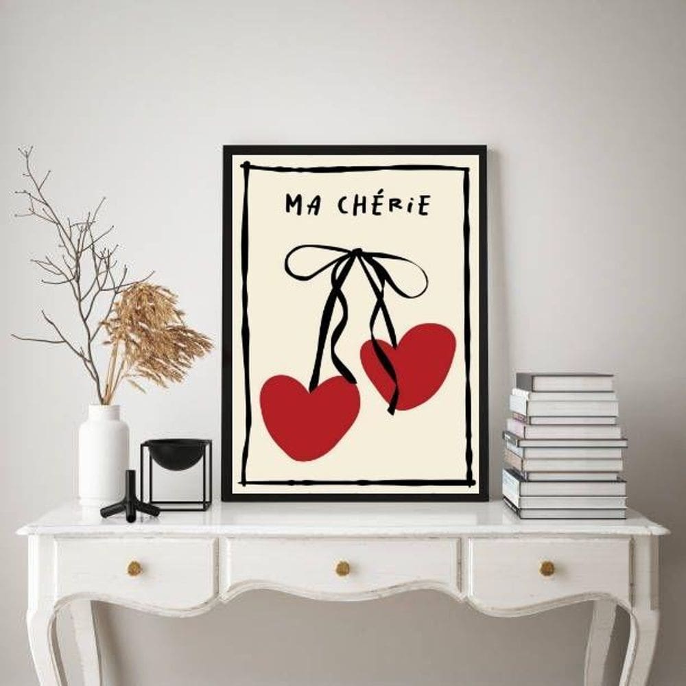 Quadro Má Cherie Cereja Corações 45X34Cm