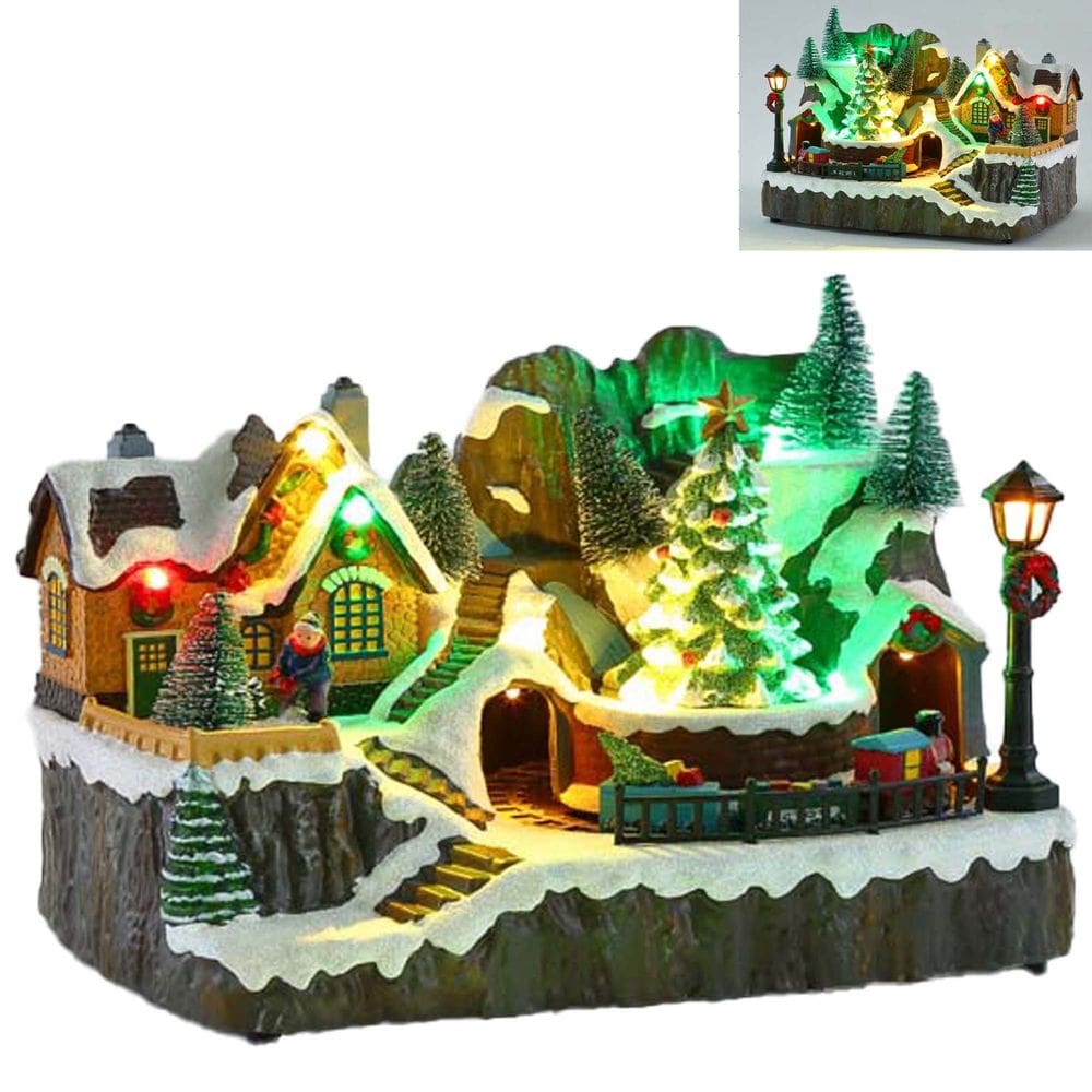 Cenario Natalino Vila Casa Arvores Trem Natal com Iluminação Luz Decoração Movimento Led