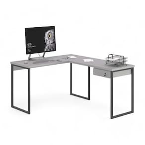 Mesa Home Office Escrivaninha L Industriale Cinza Com Gaveteiro
