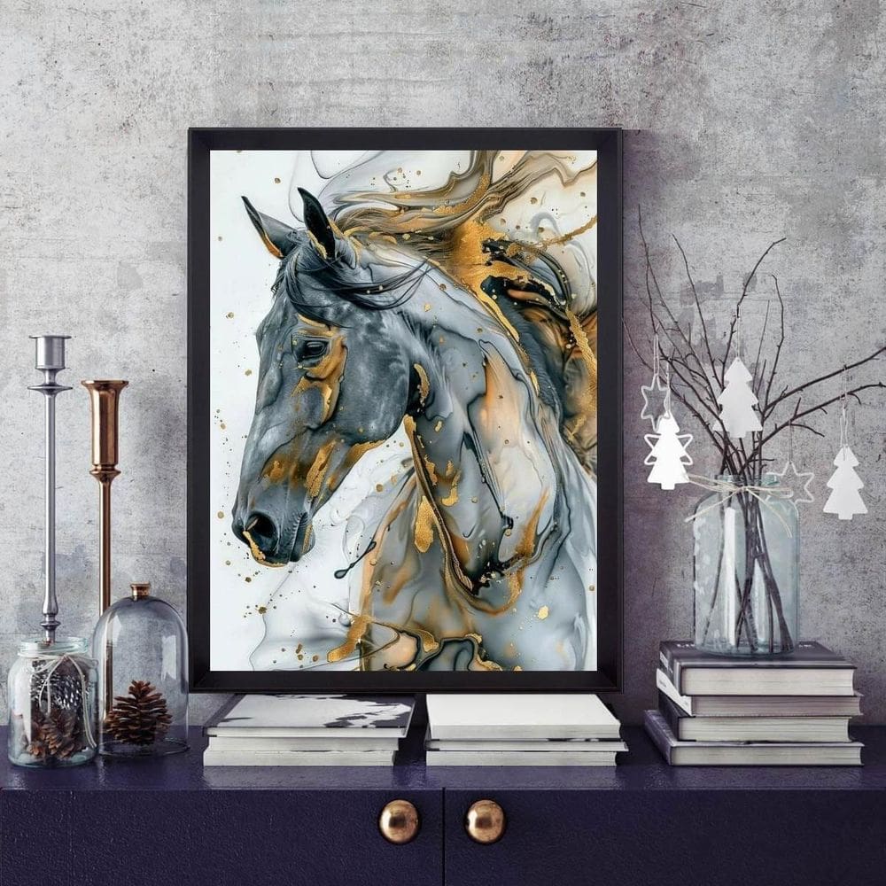 Quadro Abstrato Cavalo - Mármore 33X24Cm - Com Vidro