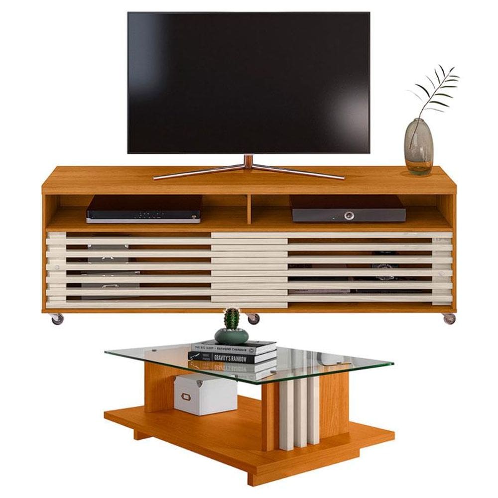 Rack Bancada com Mesa de Centro Frizz Cross Cinamomo Off White – Madetec