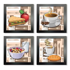 Quadro Decorativo Cozinha Café Manhã Padaria 20X20Cm Kit 4Un Titulo Moldura Preta