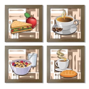 Quadro Decorativo Cozinha Café Manhã Padaria 20X20Cm Kit 4Un Titulo Moldura Madeira