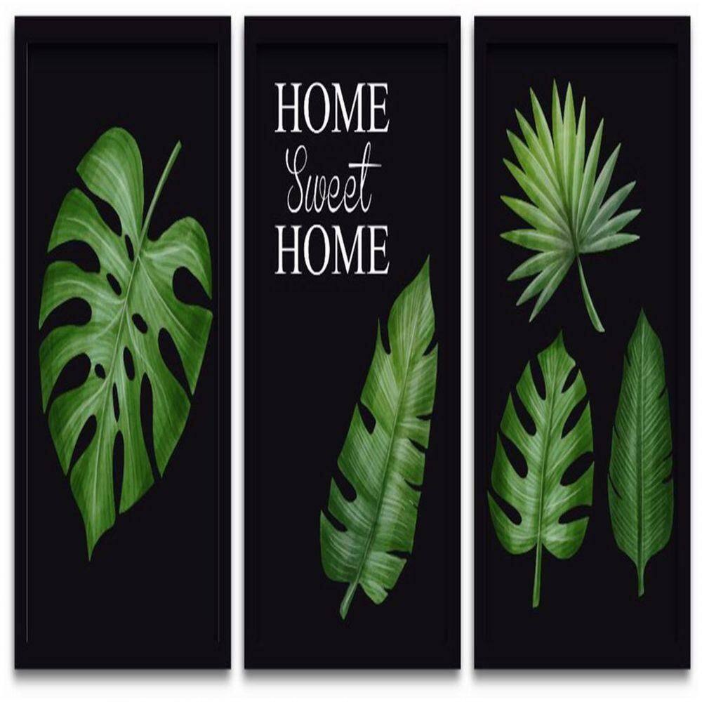 Conjunto Quadros Decorativos 3 Peças 40X60 Home Folhas Titulo Moldura Preta Fundo Preto
