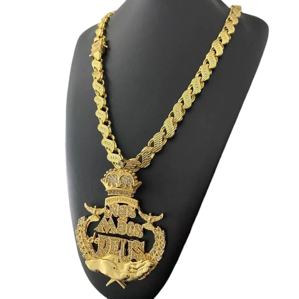 Cordão Friso S 13Mm Cravejado + Nas Mãos Deus - Banhado Ouro