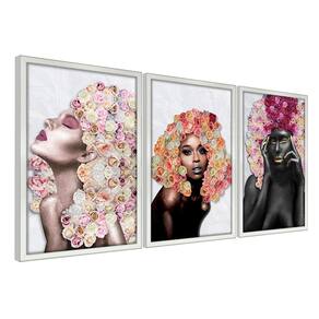 Quadros Decorativos 30X45 Mulheres Rosto Flores Rosas Kit 3 Título Moldura Branca