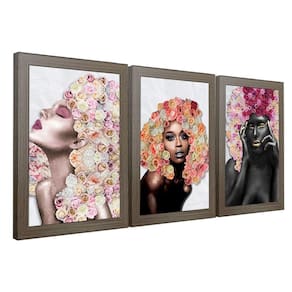 Quadros Decorativos 20X30 Mulheres Rosto Flores Rosas Kit 3 Título Moldura Madeira