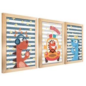 Kit Quadros Infantil Dinossauro Kids 20x30 3 Peças Titulo Moldura Mel