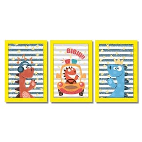 Kit Quadros Infantil Dinossauro Kids 20x30 3 Peças Titulo Moldura Amarela