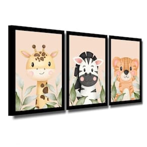 Kit 3 Quadros Safari Aquarela Infantil Quarto Vidro 20X30Cm Título Moldura Preta