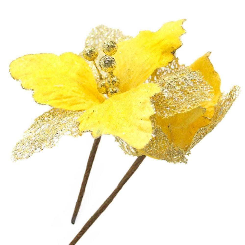 Kit 12 Flores Com Cabo Artificial Decoração De Natal Com Glitter 27cm