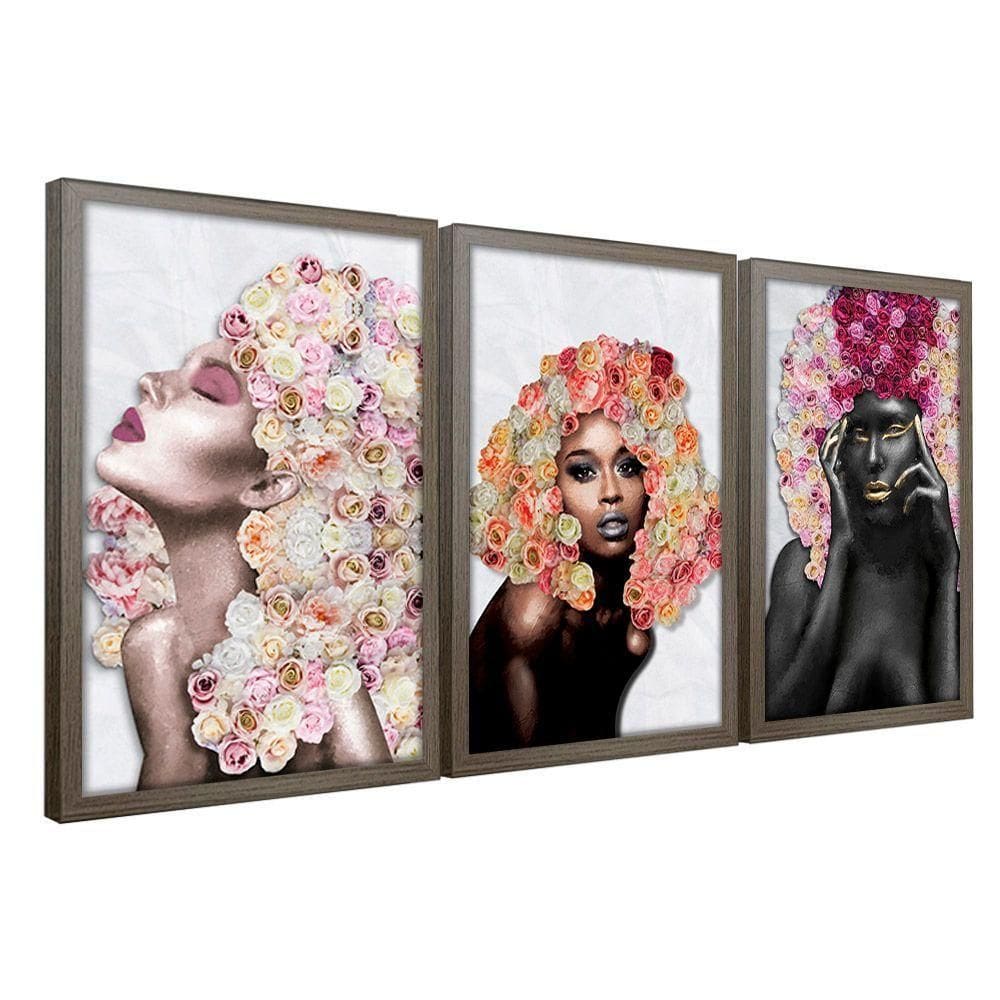 Quadros Decorativos 30x45 Mulheres Rosto Flores Rosas Kit 3 Titulos Moldura Madeira