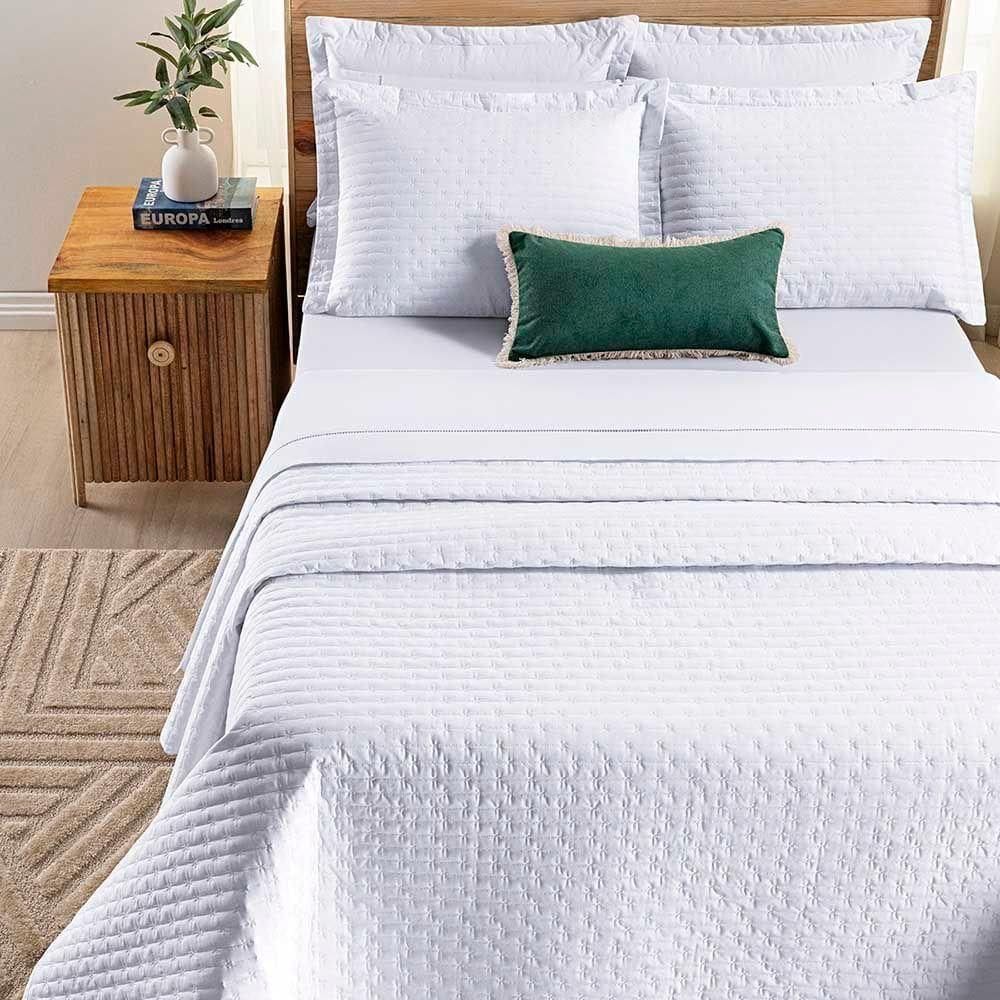 Kit Cobre Leito Colcha Quality Queen 3 Peças Percale 200 Fios Bordado - Branco