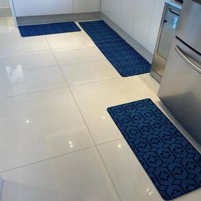 Kit Jogo De Cozinha Carpete Geométrico Elegante 3pçs Azul