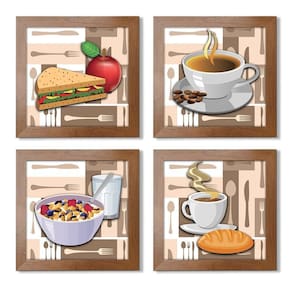 Quadro Decorativo Cozinha Café Manhã Padaria 20X20Cm Kit 4Un Titulo Moldura Ocre