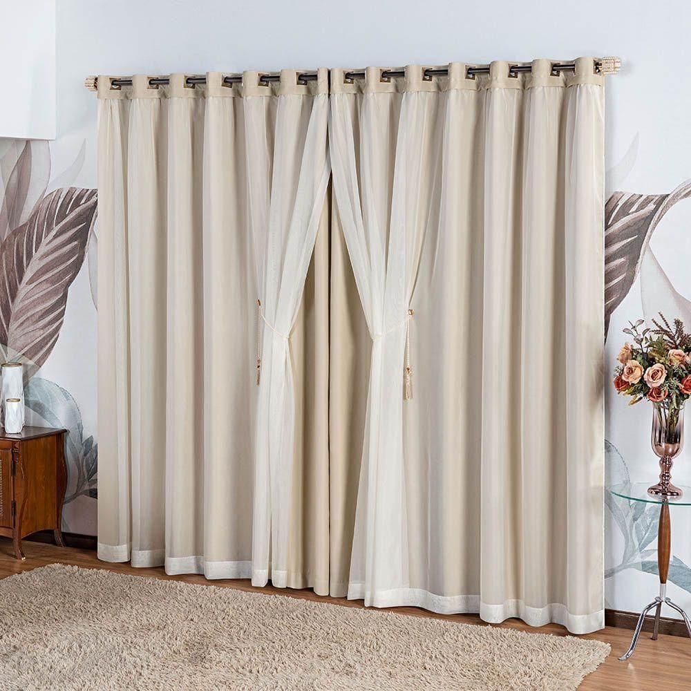 Cortina Idealle Tecido Blackout Voal Premium 3,00x2,50m Corta Luz Luxo Varão 3m - Palha