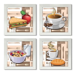 Quadro Decorativo Cozinha Café Manhã Padaria 20X20Cm Kit 4Un Titulo Moldura Branca