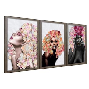 Quadros Decorativos 30X45 Mulheres Rosto Flores Rosas Kit 3 Título Moldura Madeira