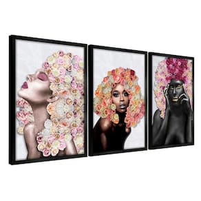Quadros Decorativos 30X45 Mulheres Rosto Flores Rosas Kit 3 Título Moldura Preta