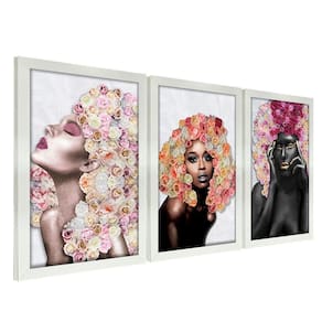 Quadros Decorativos 20x30 Mulheres Rosto Flores Rosas Kit 3 Titulos Moldura Branca