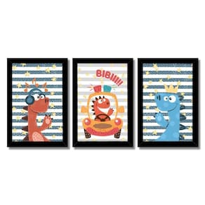 Kit Quadros Infantil Dinossauro Kids 20x30 3 Peças Titulo Moldura Preta