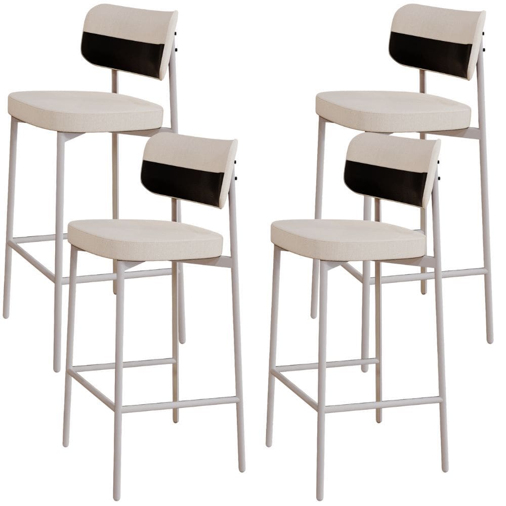 Kit 04 Banquetas Alta Bar Cozinha Sala De Jantar Aço Branco Kaira C01 Linho Palha Courino Preto - Lyam Decor