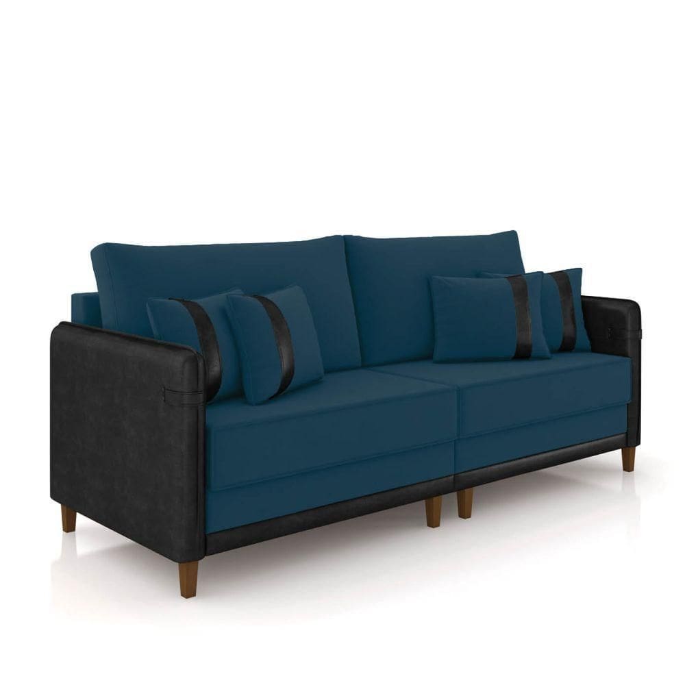 Sofá 3 Lugares Living 192cm Pé Madeira Valença Pto/veludo Azul K01 - D\`rossi