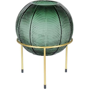 Vaso Decorativo Enfeite Casa Folhas Home&co Com Suporte Metal Vidro 28x20x20cm Verde