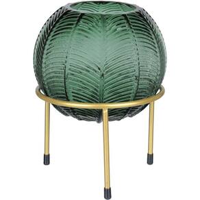Vaso Decorativo Enfeite Casa Folhas Home&co Com Suporte Metal Vidro 21x15x15cm Verde