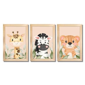 Kit Quadros Infantil Safari Aquarela 20X30 3 Peças Título Moldura Azul