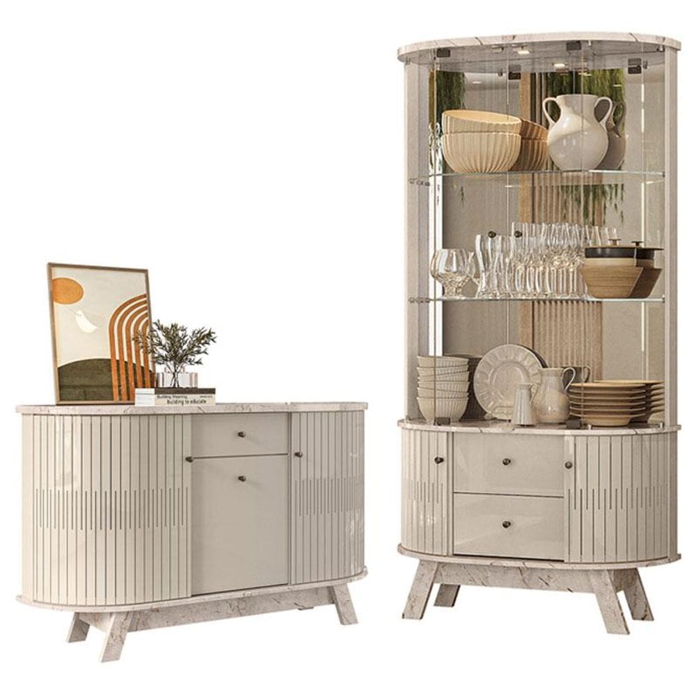 Aparador para Sala Buffet Monza e Cristaleira Moss Calacata Off White – Madetec