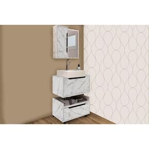 Conjunto de Banheiro Balcão Suspenso BN3646 e Balcão c/ Rodízios BN3647 60cm e Armário c/ Espelho BN3648 60cm Mármore Branco - Tecno Mobili