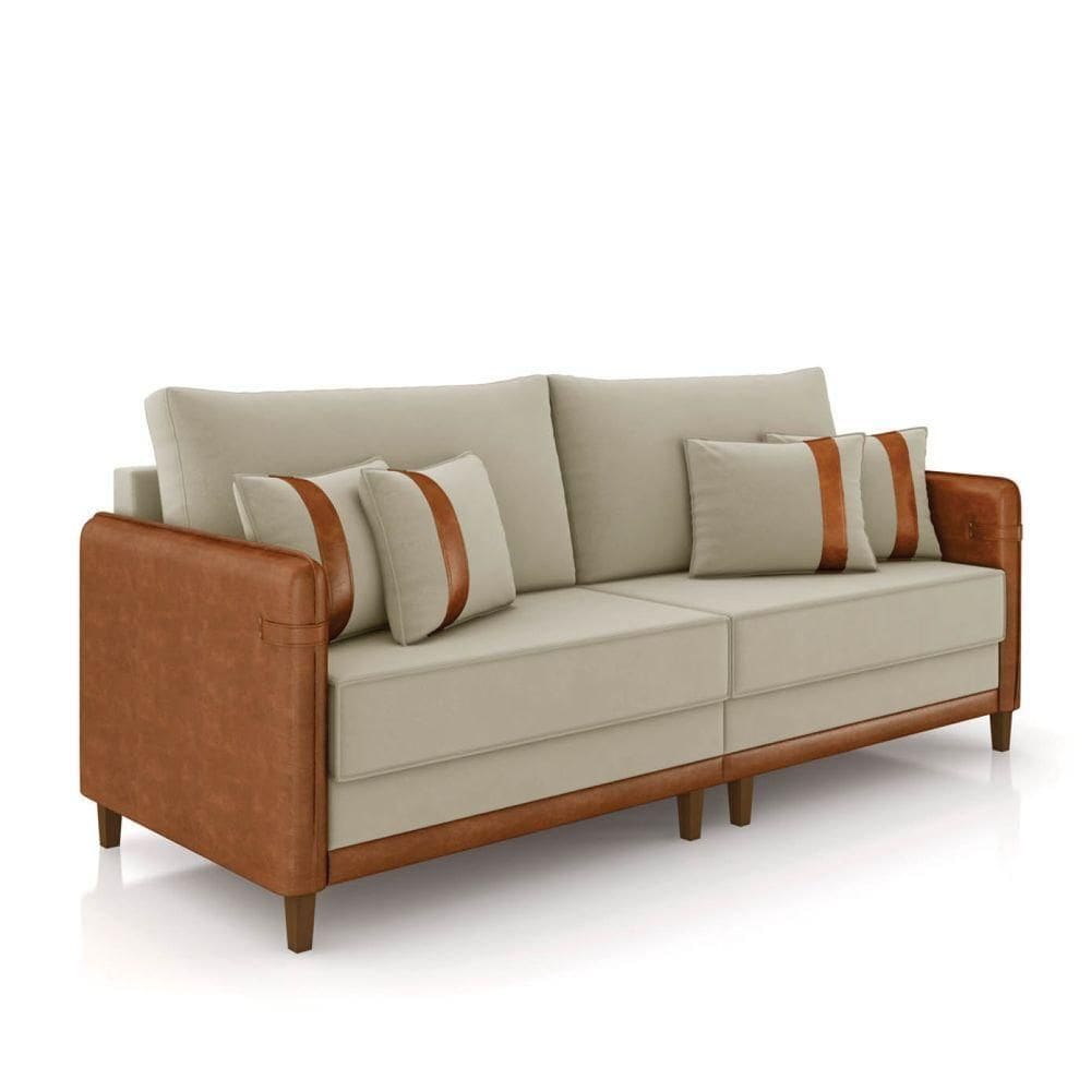 Sofá 3 Lugares Living 212cm Pé Madeira Valença Nozes/veludo Bege K01 - D\`rossi