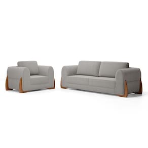 Kit Poltrona E Sofá Bloom 200cm 03 Lugares Com Pés De Madeira Bouclê Cinza - Desk Design
