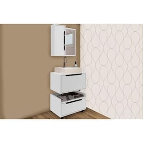 Conjunto de Banheiro Balcão Suspenso BN3646 e Balcão c/ Rodízios BN3647 60cm e Armário c/ Espelho BN3648 60cm Branco - Tecno Mobili