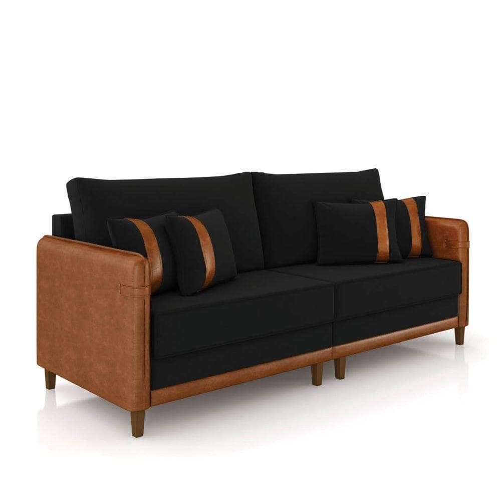 Sofá 2 Lugares Living 172cm Pé Madeira Valença Nozes/veludo Preto K01 - D\`rossi