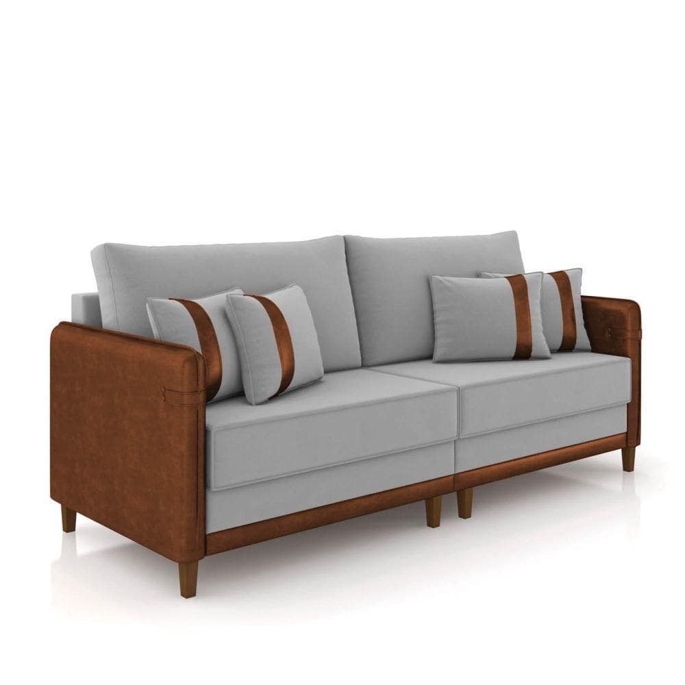 Sofá 3 Lugares Living 192cm Pé Madeira Valença Marrom/veludo Cinza K01 - D\`rossi