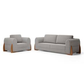 Kit Poltrona E Sofá Bloom 180cm 02 Lugares Com Pés De Madeira Bouclê Cinza - Desk Design