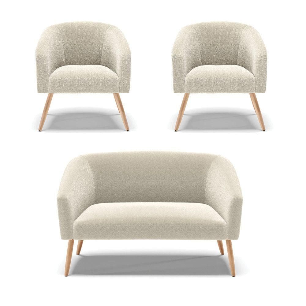 Namoradeira E 2 Poltronas Pé Palito Natural Stella Bouclê Bege D03 - D`rossi