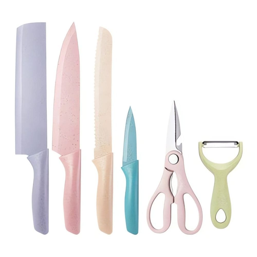 Facas Premium para Cozinha Completa - Kit Aço Inox 6 Peças Coloridas com Acessórios