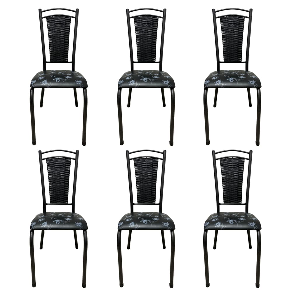Kit 6 Cadeira Paris Cozinha Tubular Aço Preto Craquelado Estofada Encosto Junco