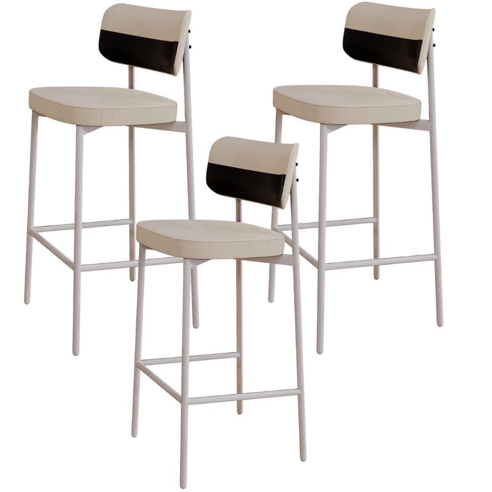 Kit 03 Banquetas Alta Bar Cozinha Sala De Jantar Aço Branco Kaira C01 Linho Areia Courino Preto - Lyam Decor