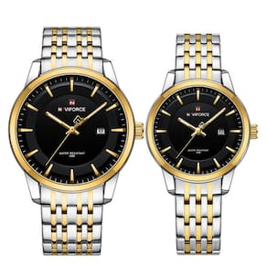 Conjunto Relógio De Quartzo Data Automática Em Aço Inoxidável Impermeavel Preto Dourado