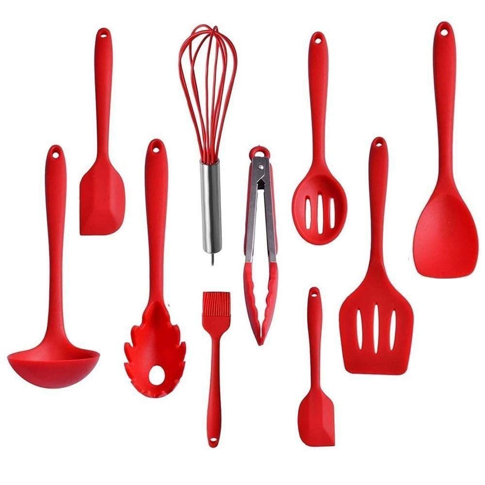 Conjunto De Silicone Cozinha 10 Peças Utensilios Preparo Refeiçao Espatula Fouet Colher Escumadeira